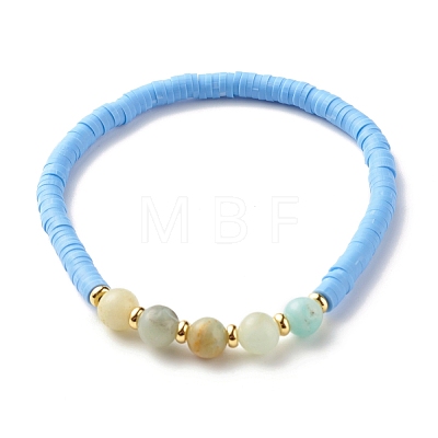 Round Stone & Polymer Clay Heishi Beads Stretch Bracelets Sets BJEW-JB07436-1