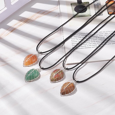4Pcs 4 Style Natural Mixed Gemstone Leaf Cage Pendant Necklaces Set with Waxed Cords for Women NJEW-TA00035-1