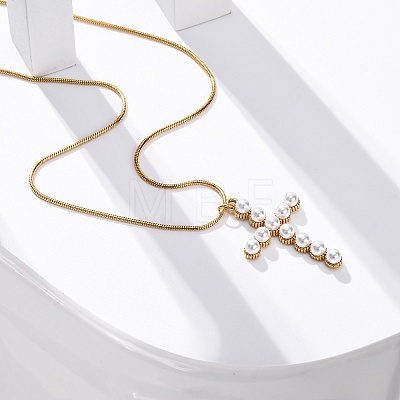 PVD Vacuum Plating 304 Stainless Steel & Plastic Pearl Cross Pendant Round Snake Chain Necklaces for Women STAS-Z114-20G-1