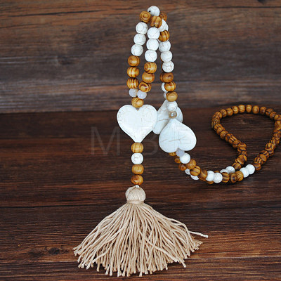 Bohemian White Resin Imitation Turquoise & Wood Beaded Mala Necklaces with Jute Cord Tassel FS-WG73E7D-03-1