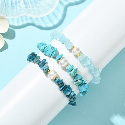 3Pcs 3 Styles Natural & Synthetic Mixed Gemstone Chip & Natural Cultured Freshwater Pearl Beaded Stretch Bracelets Set for Women BJEW-JB13762-05-1