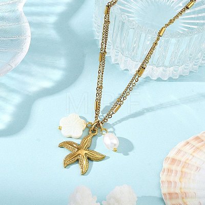 Ocean Natural Shell Flower & Rice Pearl & 304 Stainless Steel Starfish Pendant 2-Strand Chain Necklaces for Women NJEW-JN06260-1