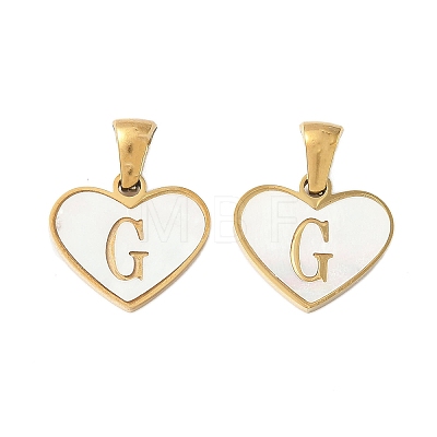 304 Stainless Steel Pave Natural White Shell Heart with Initial Slice Pendants STAS-R168-25G-G-1