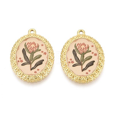 Vintage Printed Style 304 Stainless Steel Oval with Lotus Pendants STAS-T071-29B-G-1