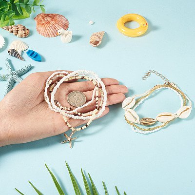 2 Bags Summer Beach Glass Seed Beaded & Natural Shell & Alloy Starfish Charm Anklet Sets AJEW-TA0003-69F-1