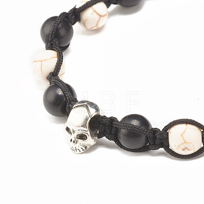 Round Synthetic Turquoise(Dyed) Braided Bead Bracelet with Alloy Skull BJEW-JB07863-03-1