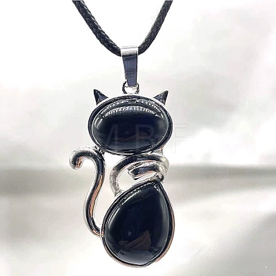 Natural Black Onyx(Dyed & Heated) Alloy Cat Shape Pendant Necklaces KJ2639-5-1