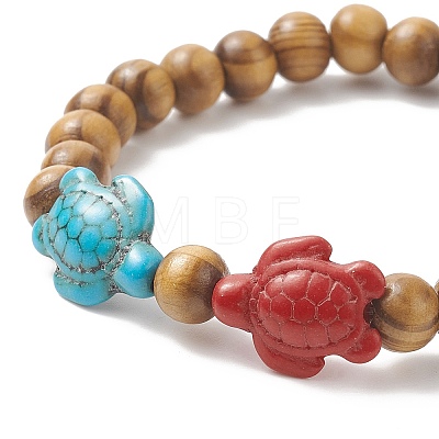 Dyed Synthetic Turquoise(Dyed) Tortoise & Natural Wood Beaded Stretch Bracelet for Women BJEW-JB09147-1