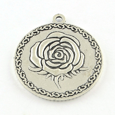 Tibetan Style Carved Rose Alloy Flat Round with Rose Pendant Cabochon Settings TIBEP-Q045-024AS-RS-1