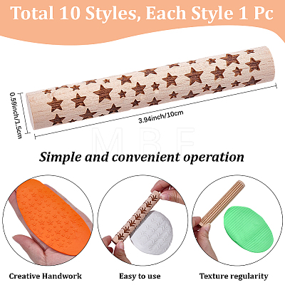 10Pcs 10 Styles Wood Handle Clay Texture Roller TOOL-CN0001-12B-1
