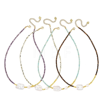 Rectangle Natural Baroque Keshi Pearl and Faceted Round Natural Mixed Stone Beaded Necklaces for Women NJEW-JN06682-1