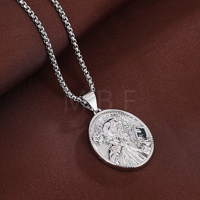 Religion Brass Emboss Saint Oval Medal Pendant Necklaces for Men Women WGEF5D0-02-1