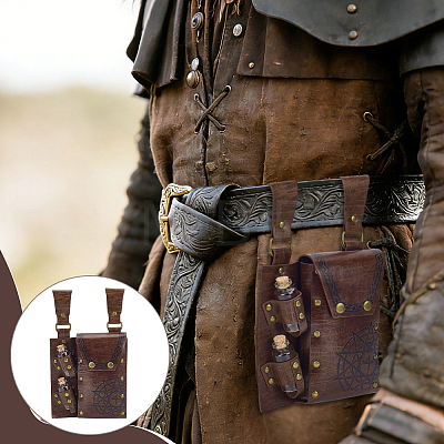 Rectangle PU Leather Medieval Waist Belt Bag with 2Pcs Glass Potion Bottles AJEW-WH0696-581A-1