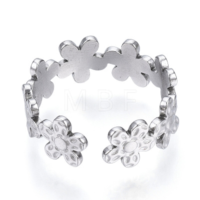 304 Stainless Steel Flower Open Cuff Ring for Women RJEW-N040-33-1