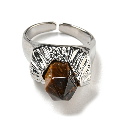 Hexagonal Prism Natural Tiger Eye Open Cuff Rings RJEW-B106-01P-06-1