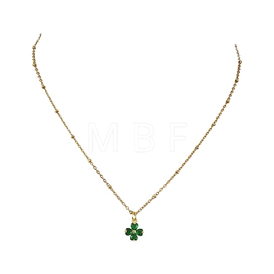Saint Patrick's Day Brass Pave Cubic Zirconia Green Four-Leaf Clover Pendant 304 Stainless Steel Satellite Chain Necklaces NJEW-JN06677-1