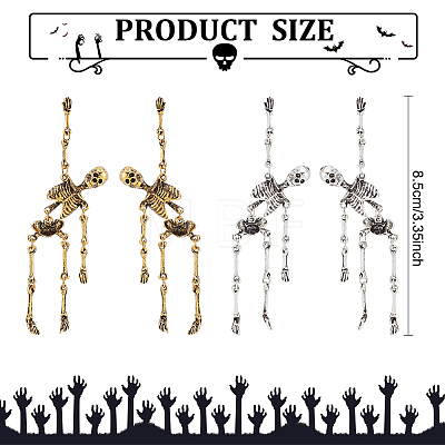 2 Pairs 2 Colors Alloy Skeleton Skull  Dangle Stud Earrings for Halloween EJEW-FI0001-11-1