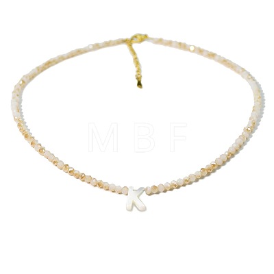 Natural White Shell Letter Faceted Glass Beaded Necklaces with 304 Stainless Steel End Chains SS7282-10-1