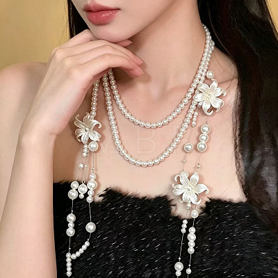 Plastic Imitation Pearl Round Beaded Flower Tassel 3 Layer Necklaces for Women WGA3D1C-01-1