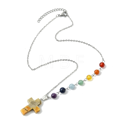 Chakra Natural Mixed Gemstone Religion Cross Pendant 304 Stainless Steel Cable Chain Necklaces for Women NJEW-JN06268-1