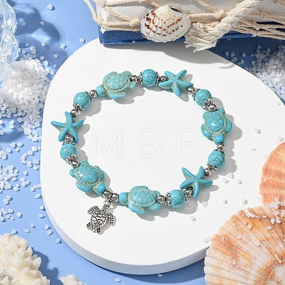 Starfish & Turtle Dyed Synthetic Turquoise Beaded Stretch Bracelets BJEW-JB10925-02-1