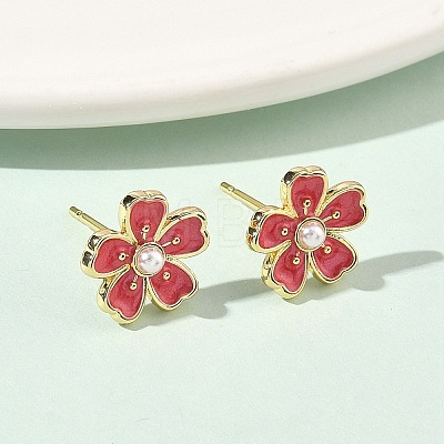 Flower Brass & ABS Plastic Pearl Stud Earrings EJEW-P336-07G-02-1