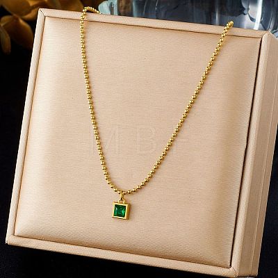 304 Stainless Steel Pave Cubic Zirconia Green Pendant Ball Chain Necklaces for Women NJEW-B083-02G-02-1