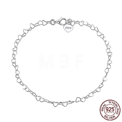 Rhodium Plated 925 Sterling Silver Heart Link Chain Anklets Jewelry for Women AJEW-F162-008P-1