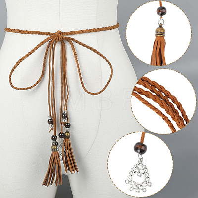 3Pcs 3 Colors Bohemian Imitation Leather Braided Tassel Wrap Chain Belts AJEW-GF0011-98-1