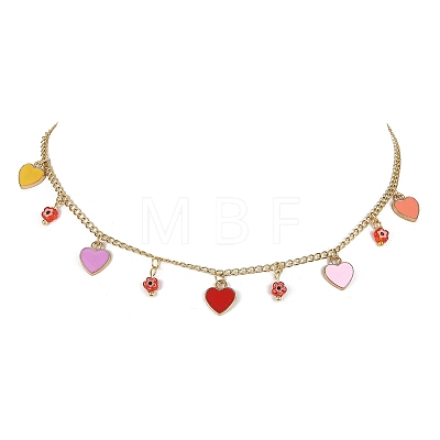 Alloy Heart & Millefiori Glass Flower Bib Necklace with Ion Plating(IP) Handmade 304 Stainless Steel Chains NJEW-JN04403-1