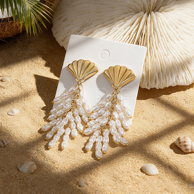 Alloy with Plastic Pearls Stud Tassel Earrings EJEW-Z172-06G-03-1