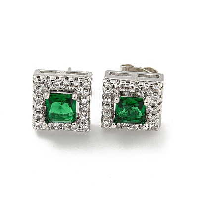 Square Brass Micro Pave Clear Cubic Zirconia Stud Earrings EJEW-G387-03P-1