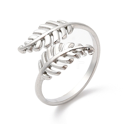 304 Stainless Steel Leaf Open Cuff Ring for Women RJEW-K245-40P-1
