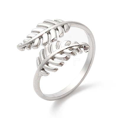 Non-Tarnish 304 Stainless Steel Leaf Open Cuff Ring for Women RJEW-K245-40P-1