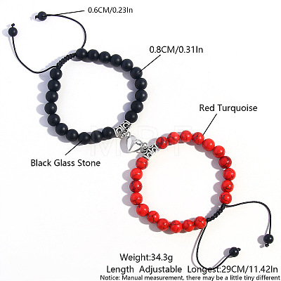 2 Pcs Synthetic Black Stone & Red Turquoise Couple Bracelets with Heart Magnetic Attraction EH4505-1-1