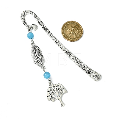 Tree of Life Feather Tibetan Style Alloy Pendant Bookmark with Cat Eye AJEW-JK00277-01-1