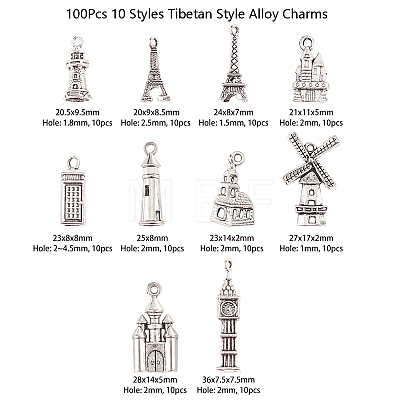 100Pcs 10 Styles Tibetan Style Alloy Pendants TIBEP-CJ0001-57-1