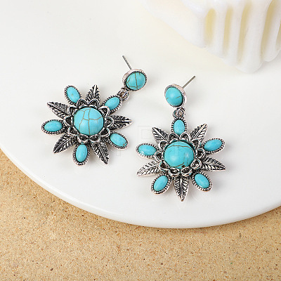 Flower Synthetic Turquoise with Alloy Pendant Necklaces & Stud Dangle Earrings Sets WG550B3-01-1