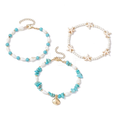 3Pcs 3 Styles Starfish Synthetic Magnesite & Turquoise Beaded Anklets AJEW-TA00030-1