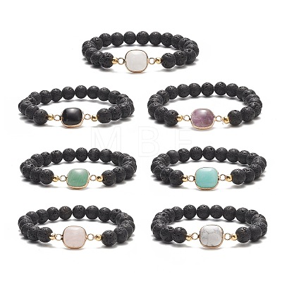 7Pcs 7 Sytle Natural Mixed Gemstone Square & Round Beaded Stretch Bracelets Set for Women BJEW-JB09939-1