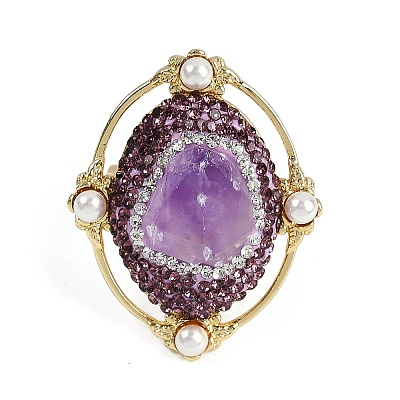 Oval Natural Amethyst & Rhinestone Finger Rings RJEW-P128-03G-A-1