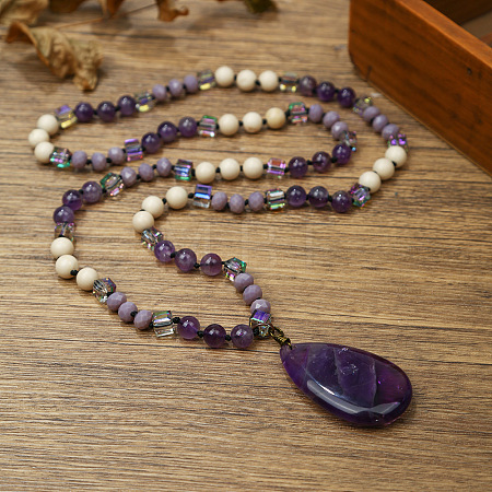 Natural Amethyst Flat Teardrop Pendant Round Gems and Cube Glass Beaded Long Necklaces for Women FS-WG9FE58-09-1