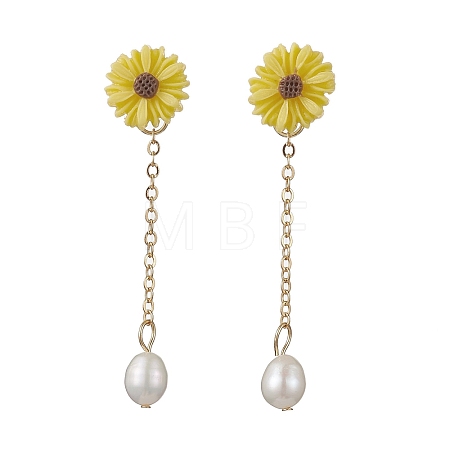 Natural Pearl & Resin Sunflower Dangle Stud Earrings EJEW-JE05692-02-1