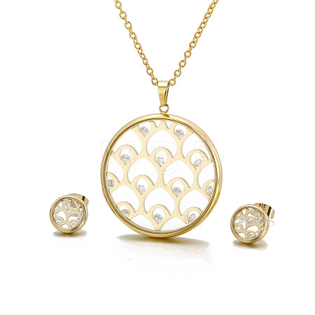 Hollow Round 304 Stainless Steel Cubic Zirconia & Glass Stud Earrings & Pendant Necklaces Sets FS-WG9AF8B-01-1