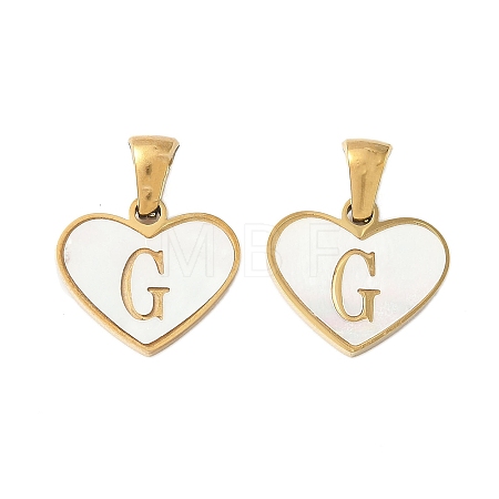 304 Stainless Steel Pave Natural White Shell Heart with Initial Slice Pendants STAS-R168-25G-G-1