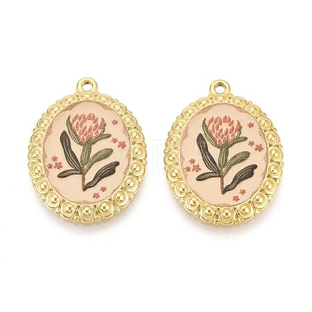 Vintage Printed Style 304 Stainless Steel Oval with Lotus Pendants STAS-T071-29B-G-1