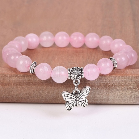 8MM Round Natural Rose Quartz Beaded Stretch Bracelets with Alloy Butterfly Charms FQ7211-25-1