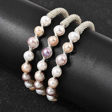 Brass Wire Wrapped Natural  Pearl Cuff Bangles for Women BJEW-D453-05S-1