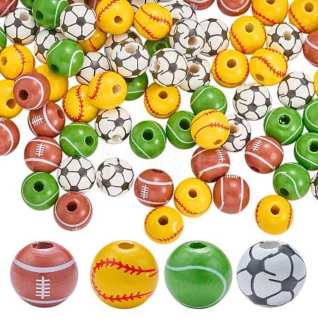 100Pcs 4 Styles Sport Theme Printed Wood European Beads WOOD-SZ0001-31-1