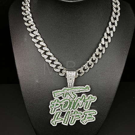 Hiphop Style Zinc Alloy Full Crystal Rhinestone Enamel Green Word Point Life Pendant Cuban Link Chain Necklaces for Men WG9A8ED-02-1